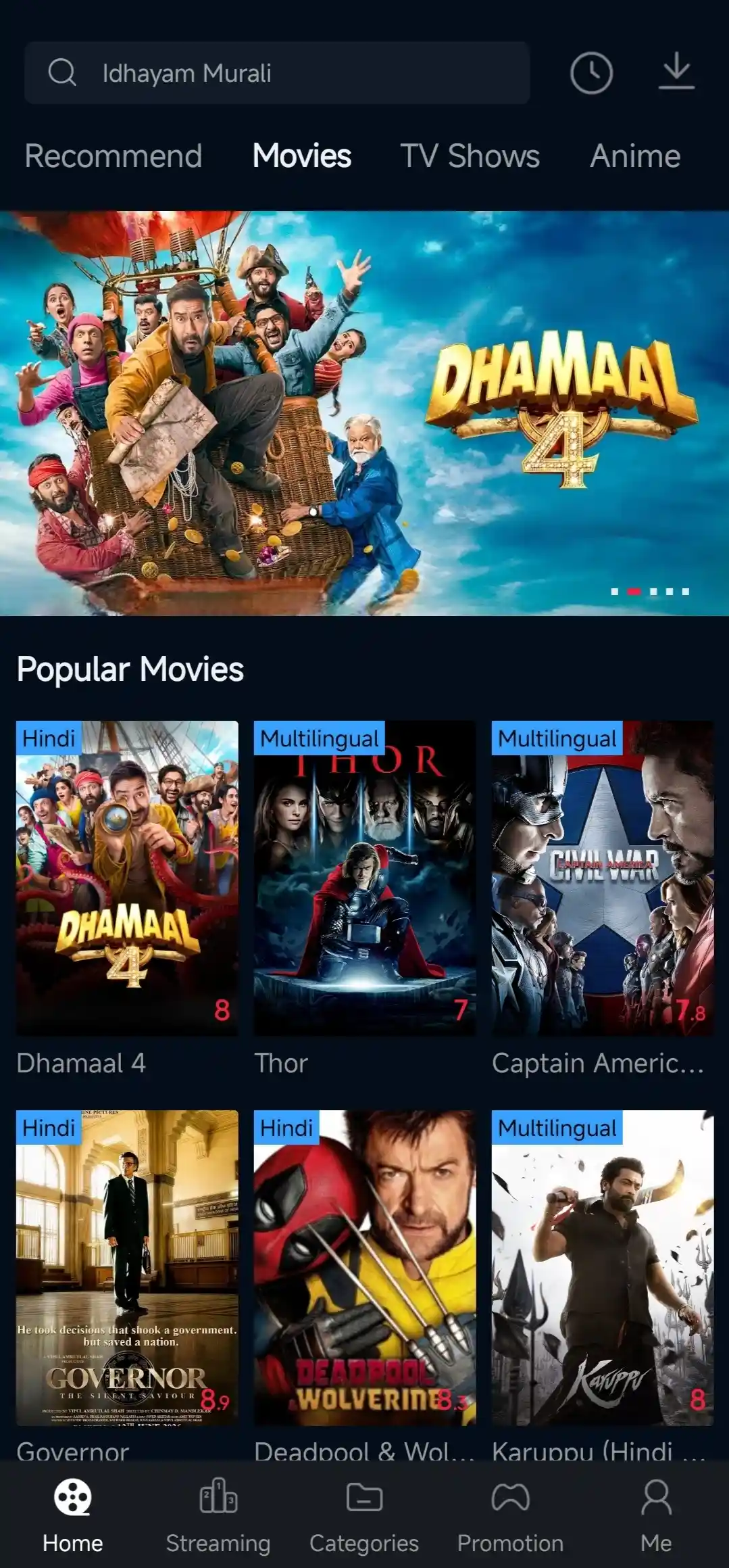 FilmTV APK interface showing popular Bollywood and Hollywood movies with Hindi audio tags and rating scores