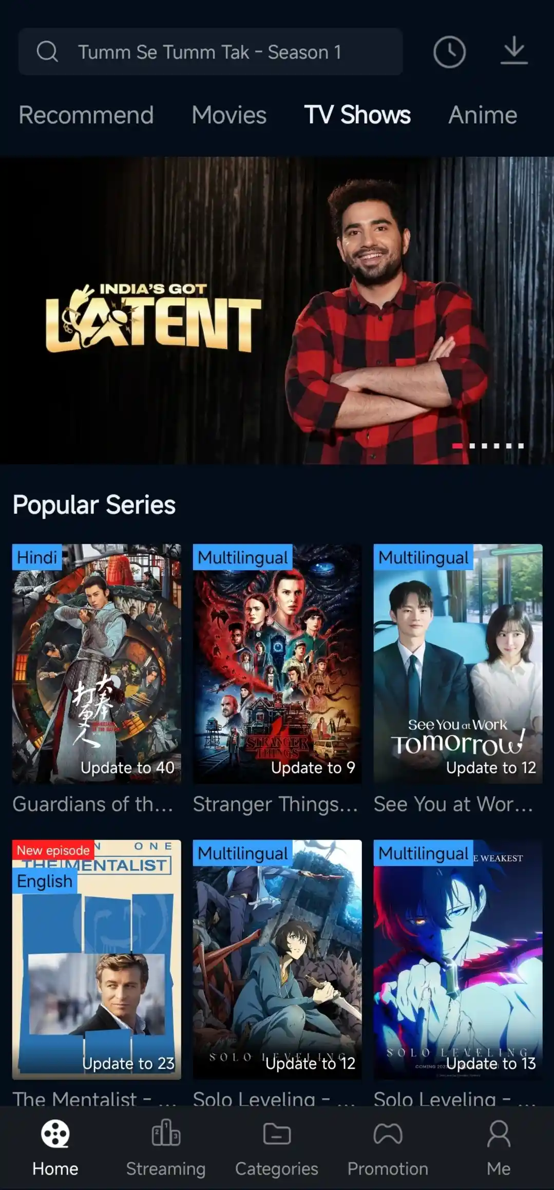 FilmTV APK TV Shows dashboard featuring trending web series with multi-language audio tags and episode tracker
