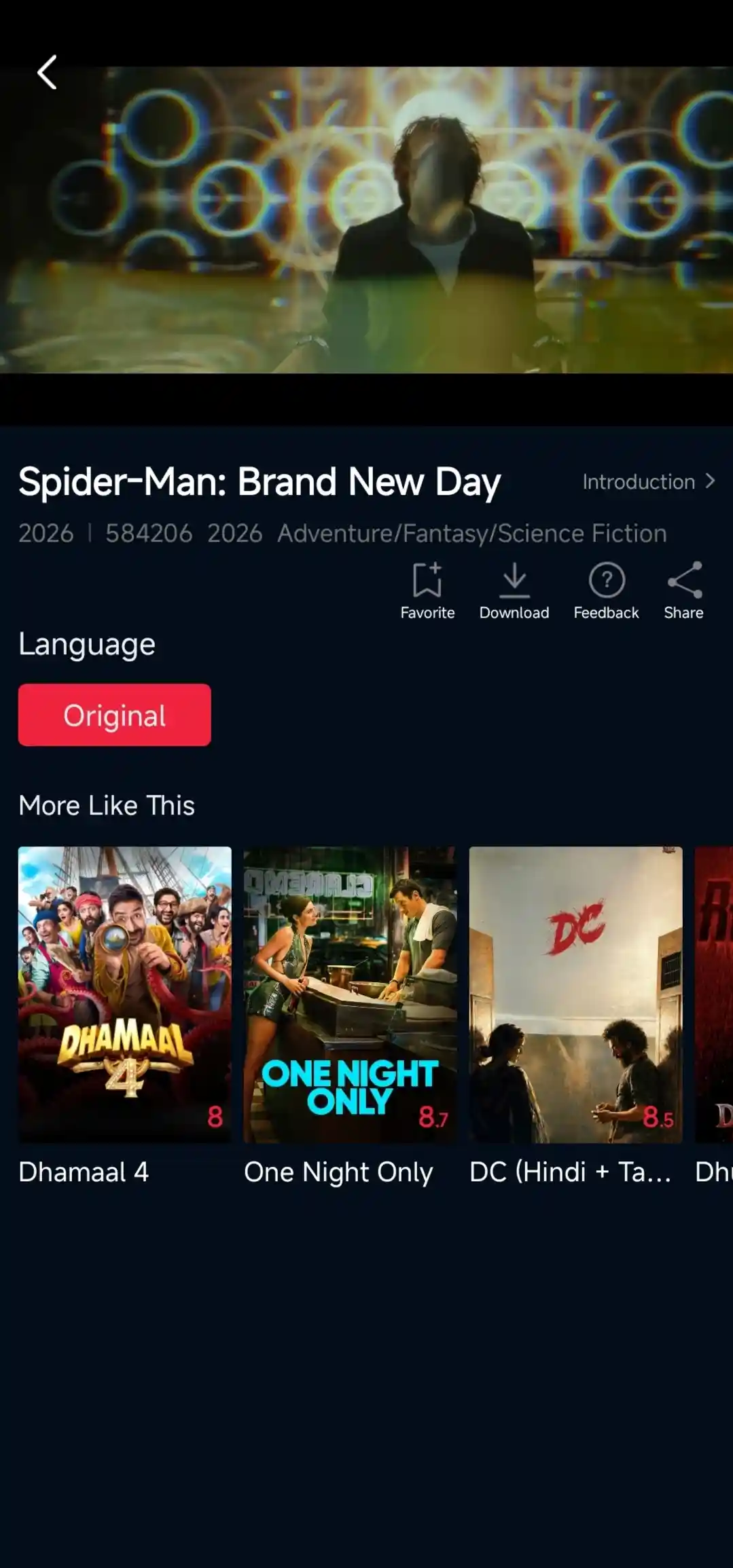 FilmTV app media player details screen showing built-in offline video download option and language selection